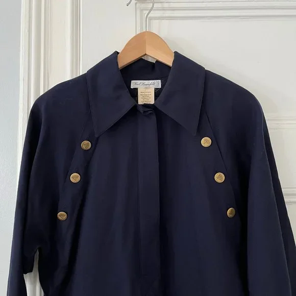 Vintage 1990s Karl Lagerfeld Collection Navy Wool Midi Shirtdress Women Size 42 - Picture 3 of 14